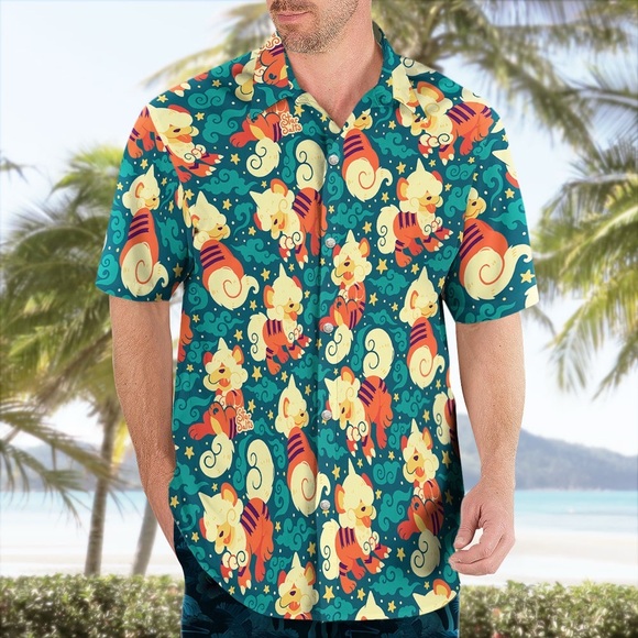 Hisuian Growlithe Pokemon Button Up Hawaiian Shirt Star Salts - Picture 2 of 9